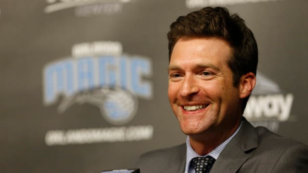 May 23, 2016; Orlando, FL, USA; Orlando Magic general manager Rob Hennigan talks with media as Frank Vogel is introduced as the new head coach during a press conference at Amway Arena. Mandatory Credit: Kim Klement-USA TODAY Sports